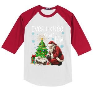 Every Knee Shall Bow Jesus Kneeling Santa Gift Kids Colorblock Raglan Jersey