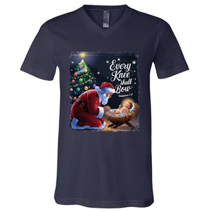 Every Knee Shall Bow Jesus Christian Santa Xmas Christmas V-Neck T-Shirt