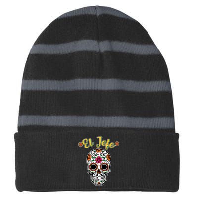 El Jefe Dia De Los Muertos Striped Beanie with Solid Band