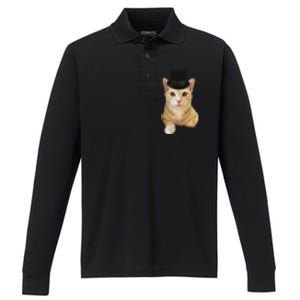 Everyone Loves A Dapper Orange Tabby Cat In A Top Hat Performance Long Sleeve Polo