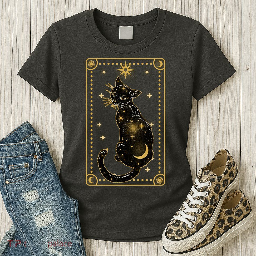 Elegant Galaxy Tarot Card Cat Womens T-Shirt