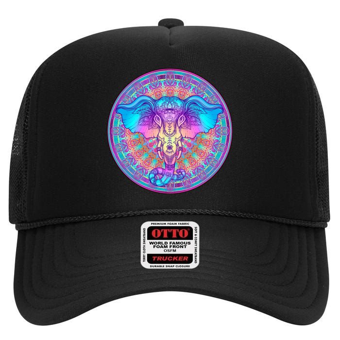 Elephant Mandala Pastel Rainbow High Crown Mesh Back Trucker Hat