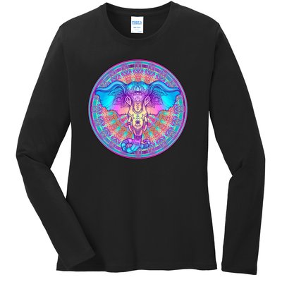 Elephant Mandala Pastel Rainbow Ladies Long Sleeve Shirt