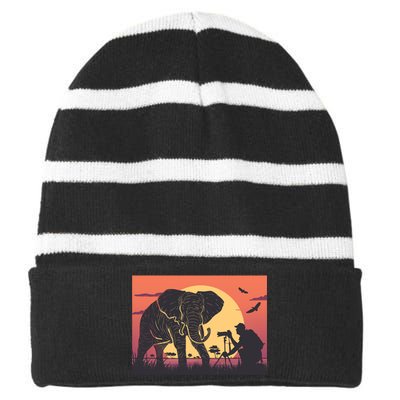 Elephant Photography Striped Beanie with Solid Band