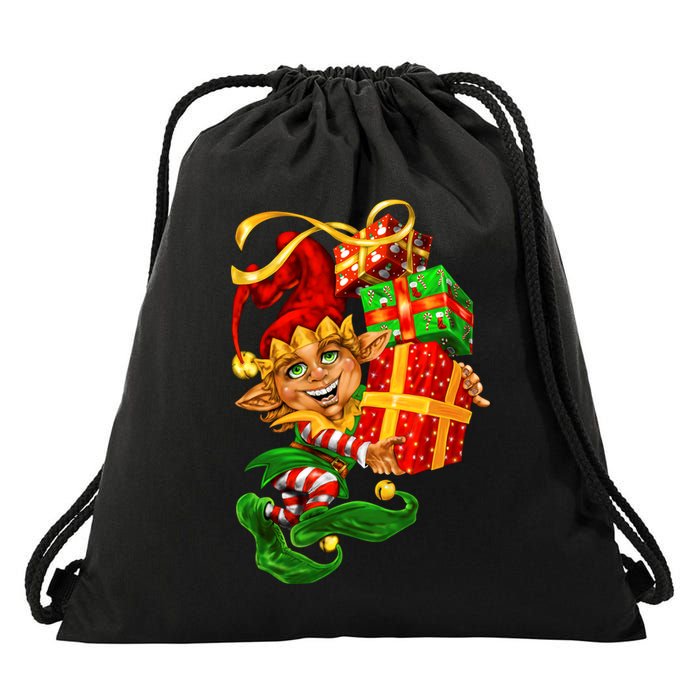 Elf With Stack Of Gifts Drawstring Bag