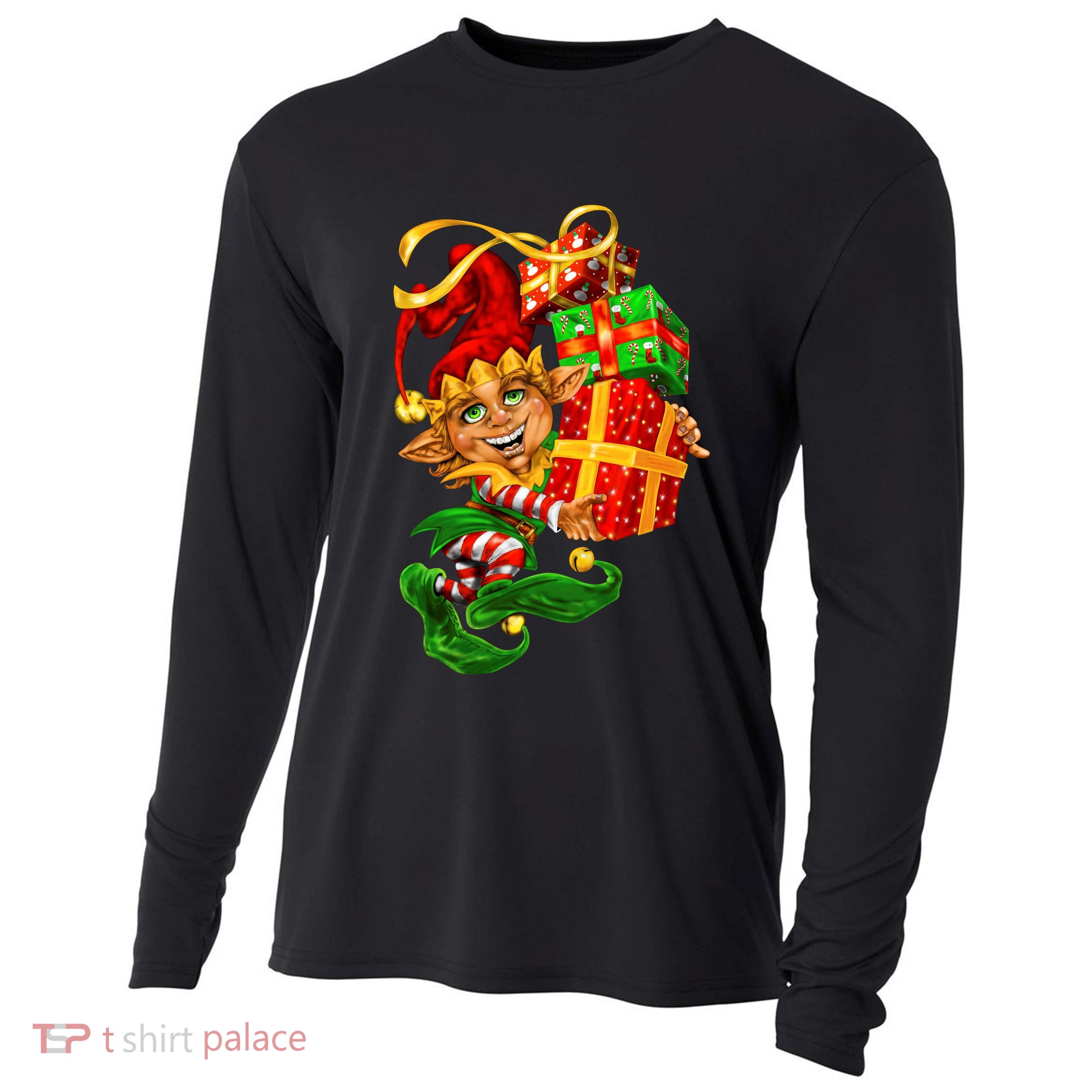 Elf With Stack Of Gifts Cooling Performance Long Sleeve Crew