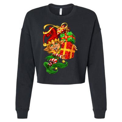 Elf With Stack Of Gifts Cropped Pullover Crew