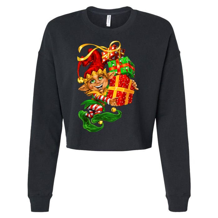 Elf With Stack Of Gifts Cropped Pullover Crew