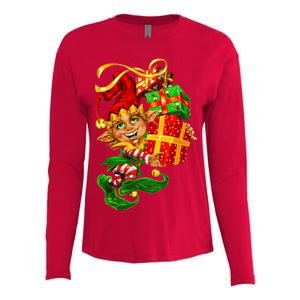 Elf With Stack Of Gifts Womens Cotton Relaxed Long Sleeve T-Shirt