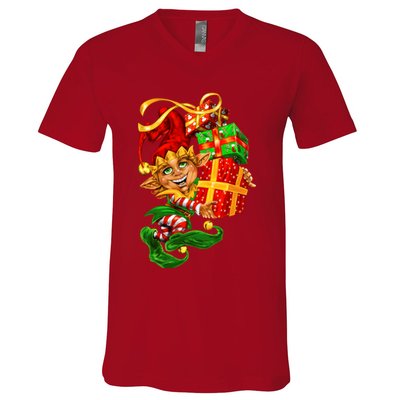 Elf With Stack Of Gifts V-Neck T-Shirt