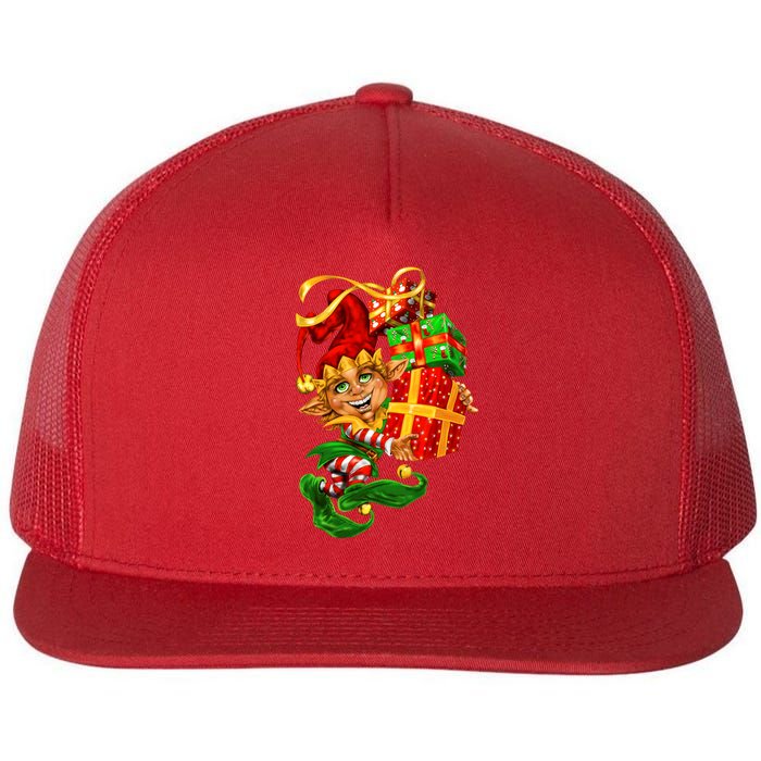 Elf With Stack Of Gifts Flat Bill Trucker Hat