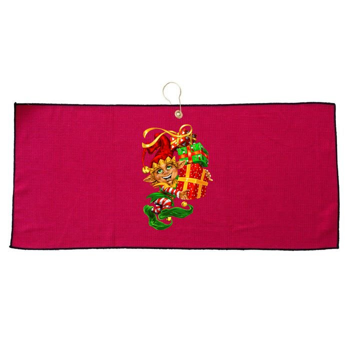 Elf With Stack Of Gifts Large Microfiber Waffle Golf Towel