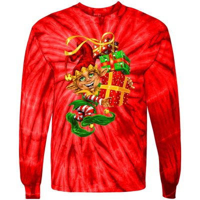 Elf With Stack Of Gifts Tie-Dye Long Sleeve Shirt