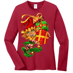 Elf With Stack Of Gifts Ladies Long Sleeve Shirt