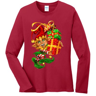 Elf With Stack Of Gifts Ladies Long Sleeve Shirt