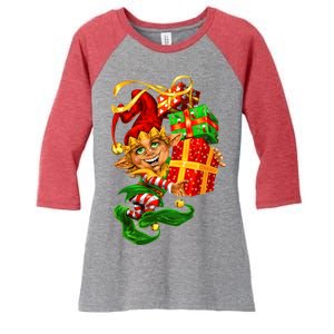 Elf With Stack Of Gifts Women's Tri-Blend 3/4-Sleeve Raglan Shirt