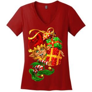 Elf With Stack Of Gifts Women's V-Neck T-Shirt