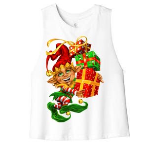 Elf With Stack Of Gifts Women's Racerback Cropped Tank