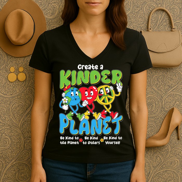 Earth Love Peace Create A Kinder Planet Earth Day Women's V-Neck T-Shirt