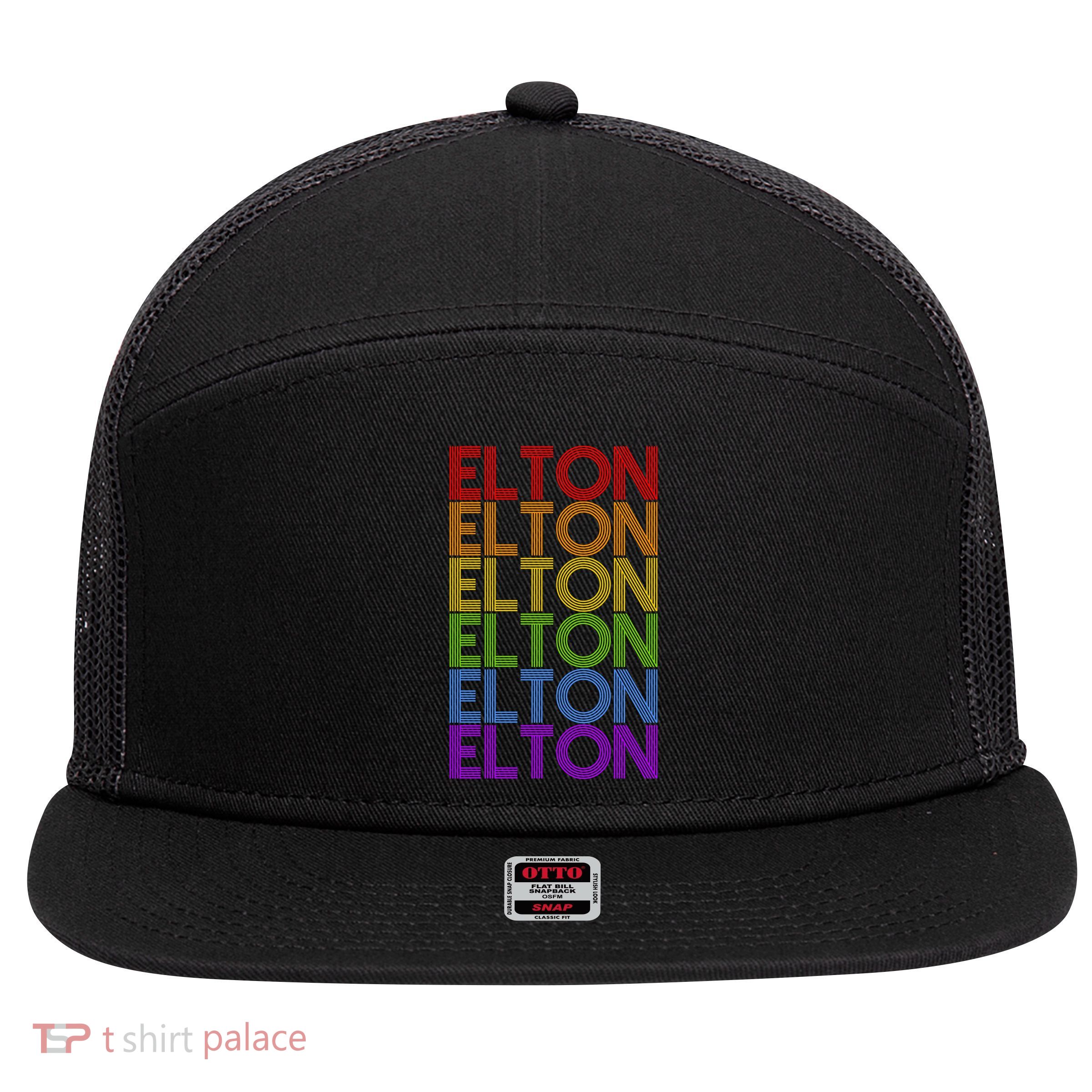 Elton Wordmark Pattern Retro Style 7 Panel Mesh Trucker Snapback Hat