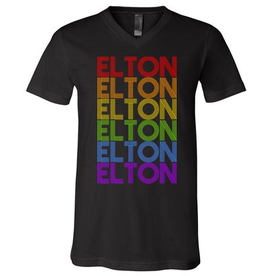 Elton Wordmark Pattern Retro Style V-Neck T-Shirt