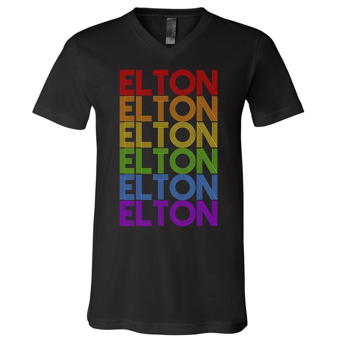 Elton Wordmark Pattern Retro Style V-Neck T-Shirt