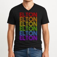 Elton Wordmark Pattern Retro Style V-Neck T-Shirt