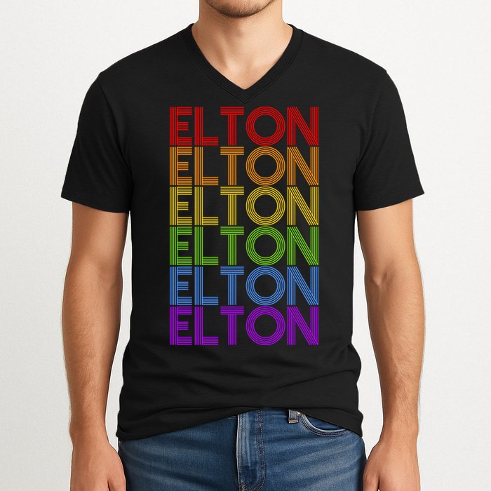 Elton Wordmark Pattern Retro Style V-Neck T-Shirt