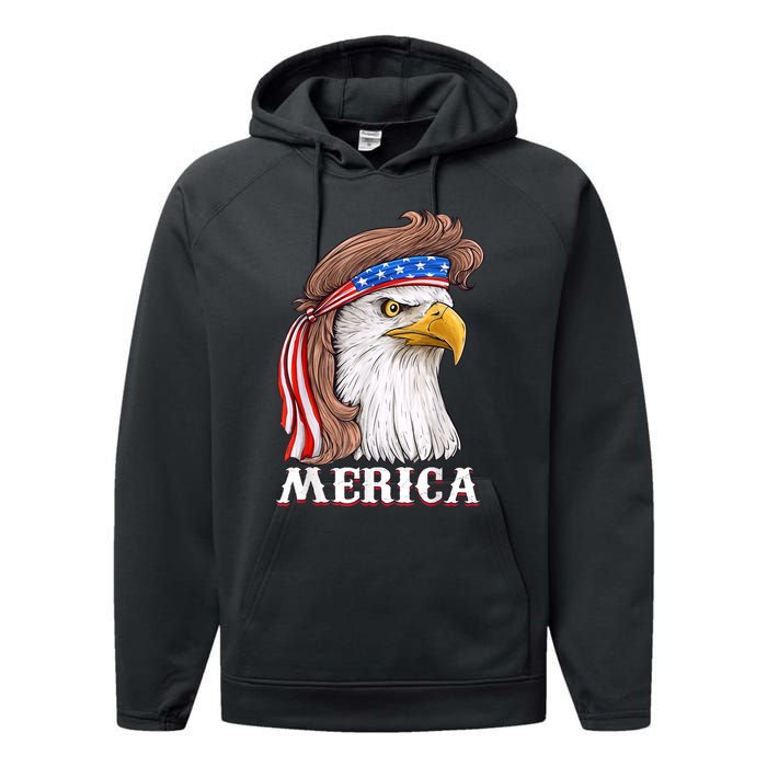 Eagle Mullet 4th Of July USA American Flag Merica Performance Fleece Hoodie