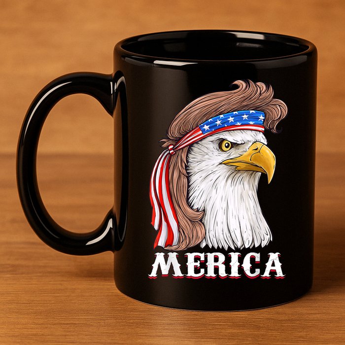 Eagle Mullet 4th Of July USA American Flag Merica 11oz C Handle Ceramic Mug
