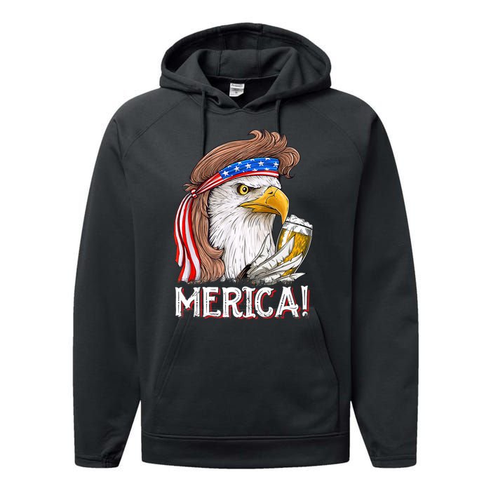 Eagle Mullet 4th Of July Beer USA American Flag Merica Performance Fleece Hoodie