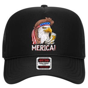 Eagle Mullet 4th Of July Beer USA American Flag Merica High Crown Mesh Back Trucker Hat