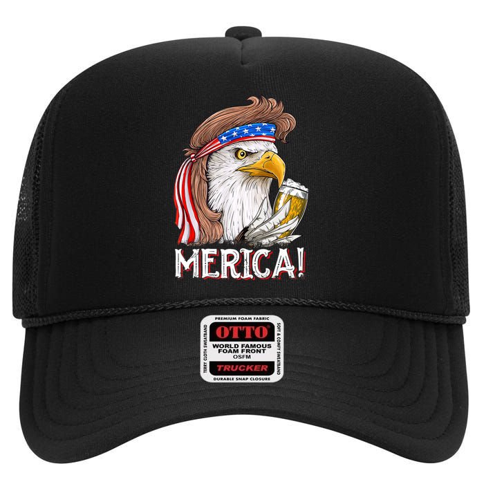 Eagle Mullet 4th Of July Beer USA American Flag Merica High Crown Mesh Back Trucker Hat