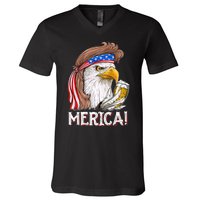 Eagle Mullet 4th Of July Beer USA American Flag Merica V-Neck T-Shirt