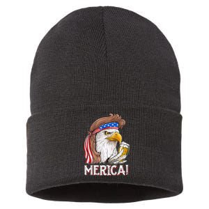 Eagle Mullet 4th Of July Beer USA American Flag Merica Sustainable Knit Beanie