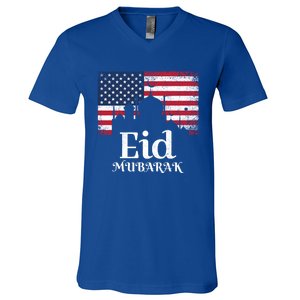 Eid Mubarak American Flag Eid Al Fitr Islamic Holiday Gift V-Neck T-Shirt