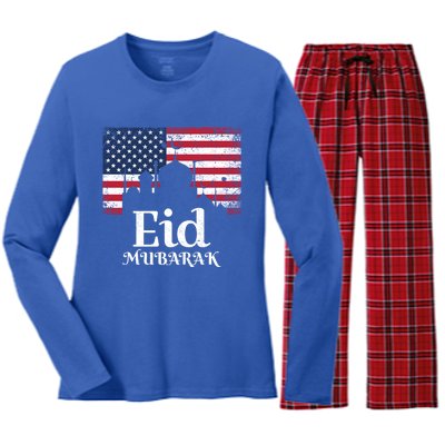 Eid Mubarak American Flag Eid Al Fitr Islamic Holiday Meaningful Gift Women's Long Sleeve Flannel Pajama Set 