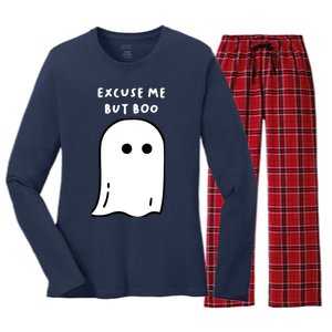 Excuse Me But Boo Cute Ghost Halloween Funny Spooky Season Women's Long Sleeve Flannel Pajama Set 