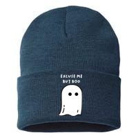 Excuse Me But Boo Cute Ghost Halloween Funny Spooky Season Sustainable Knit Beanie