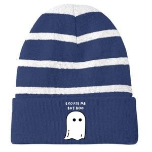 Excuse Me But Boo Cute Ghost Halloween Funny Spooky Season Striped Beanie with Solid Band