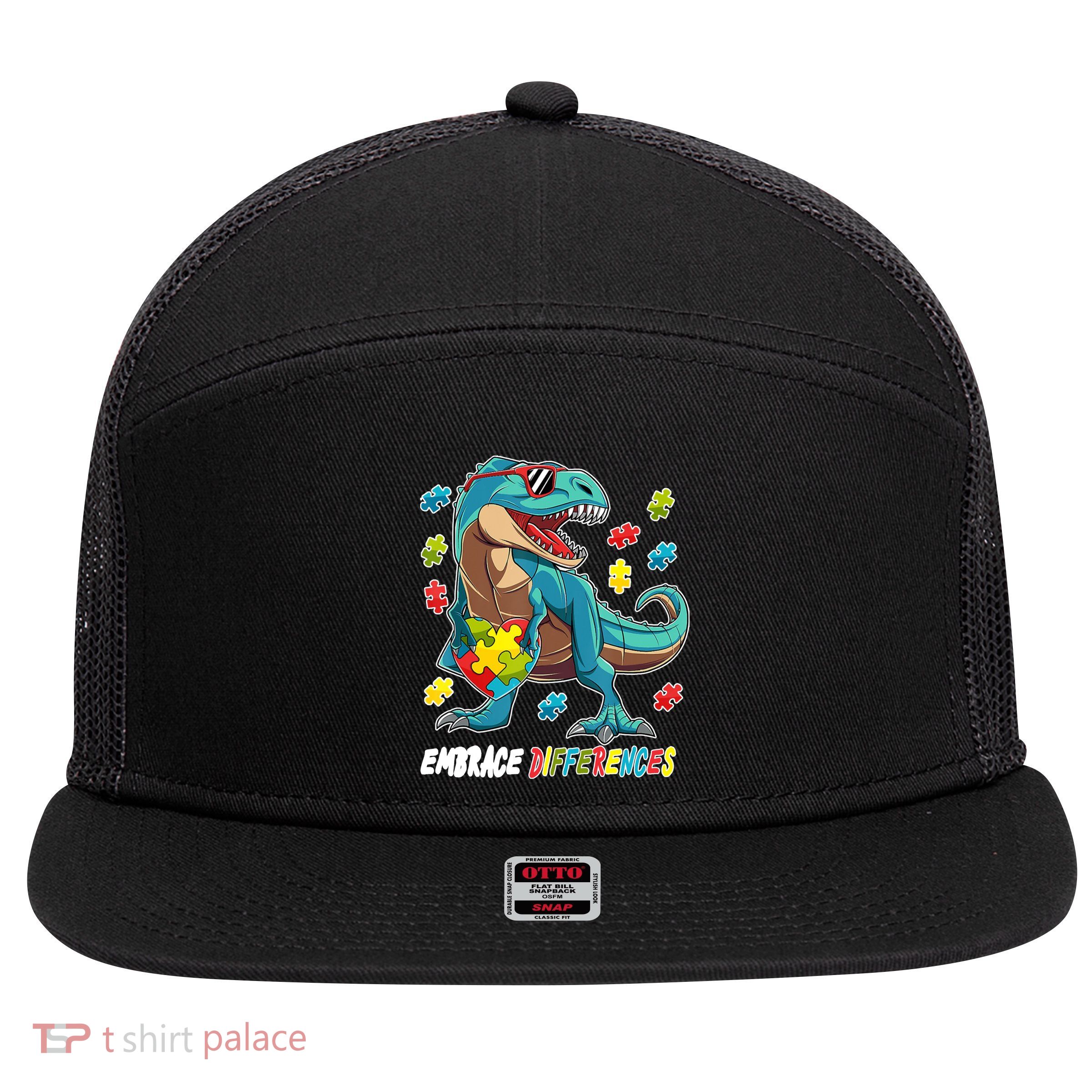 Embrace Differences Autism Awareness Dino 7 Panel Mesh Trucker Snapback Hat