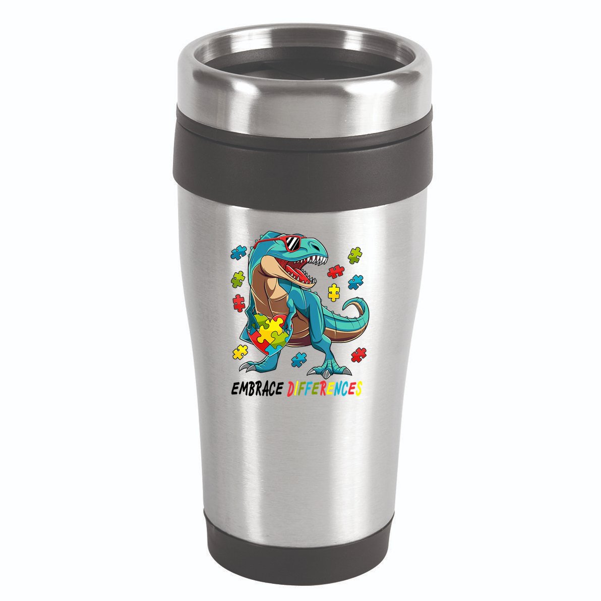 Embrace Differences Autism Awareness Dino 16oz Travel Tumbler