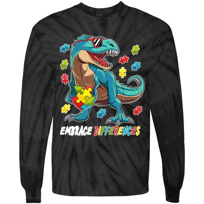 Embrace Differences Autism Awareness Dino Tie-Dye Long Sleeve Shirt