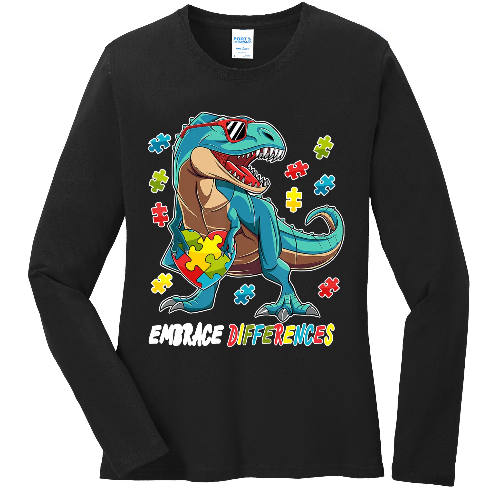 Embrace Differences Autism Awareness Dino Ladies Long Sleeve Shirt