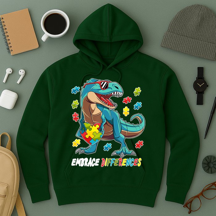 Embrace Differences Autism Awareness Dino Hoodie