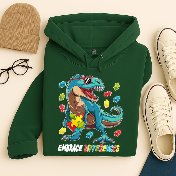 Embrace Differences Autism Awareness Dino Hoodie