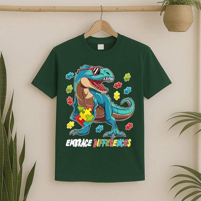 Embrace Differences Autism Awareness Dino T-Shirt