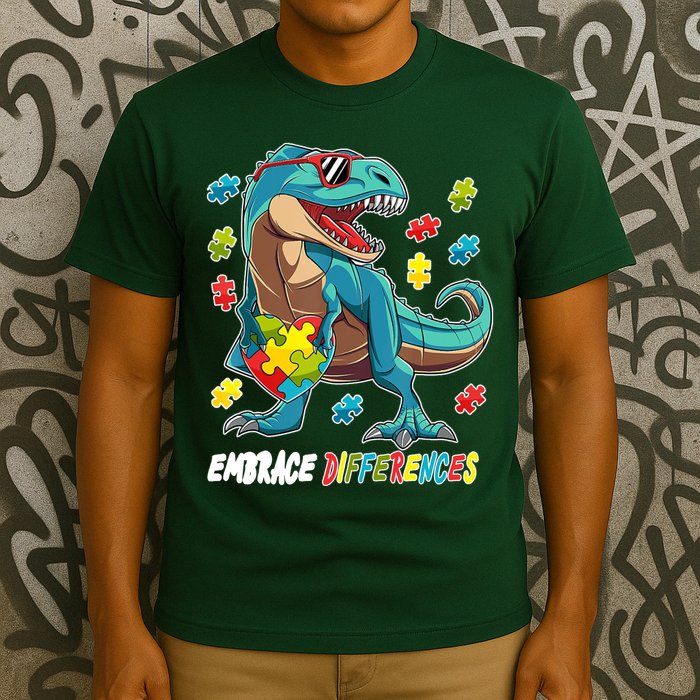 Embrace Differences Autism Awareness Dino T-Shirt