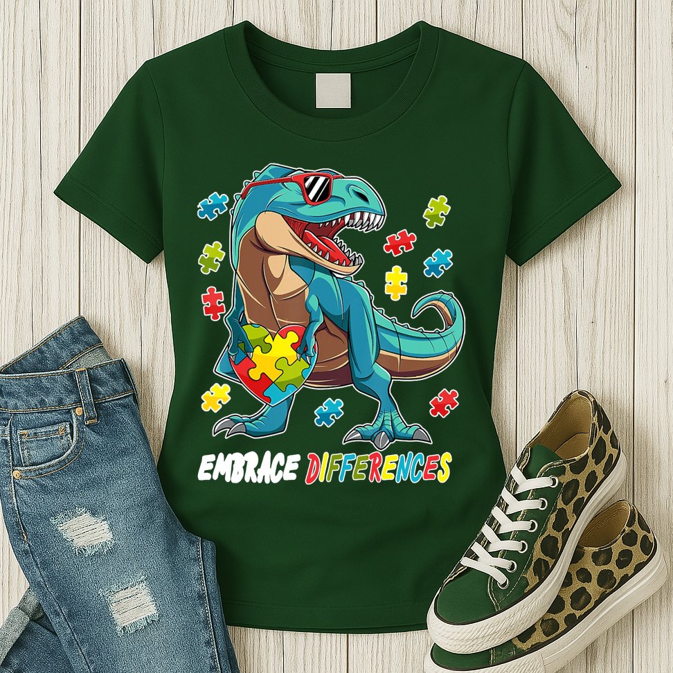 Embrace Differences Autism Awareness Dino Womens T-Shirt