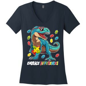 Embrace Differences Autism Awareness Dino Women's V-Neck T-Shirt